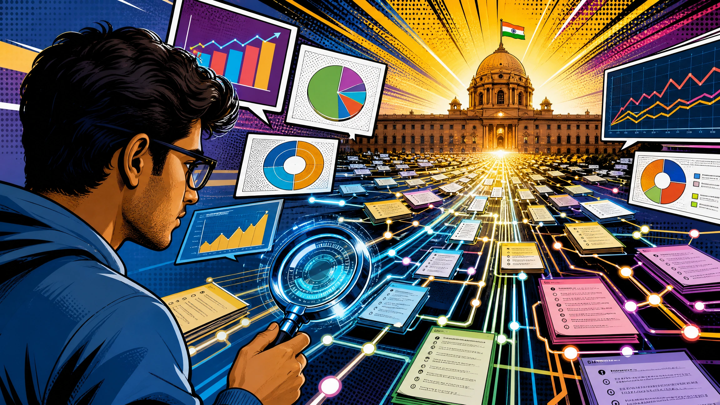 Modern pop art illustration of an SSC CGL aspirant analyzing previous year questions, exam trends, topic weightage, and evolving question patterns using data-driven preparation strategies for SSC CGL 2026.