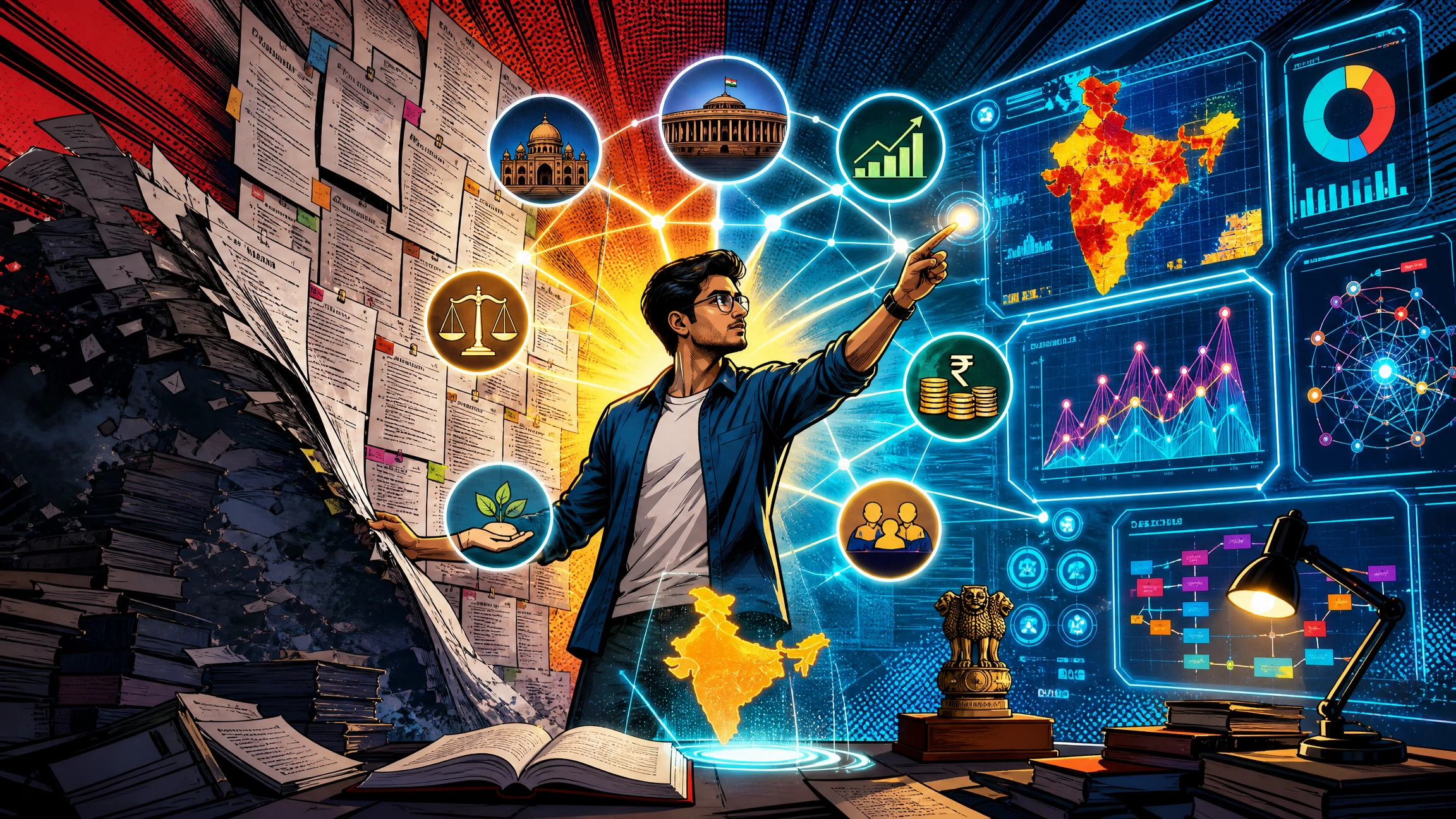 Modern pop art illustration of a UPSC aspirant analyzing previous year questions, trend patterns, recurring themes, and data-driven insights to prepare strategically for UPSC CSE 2026.