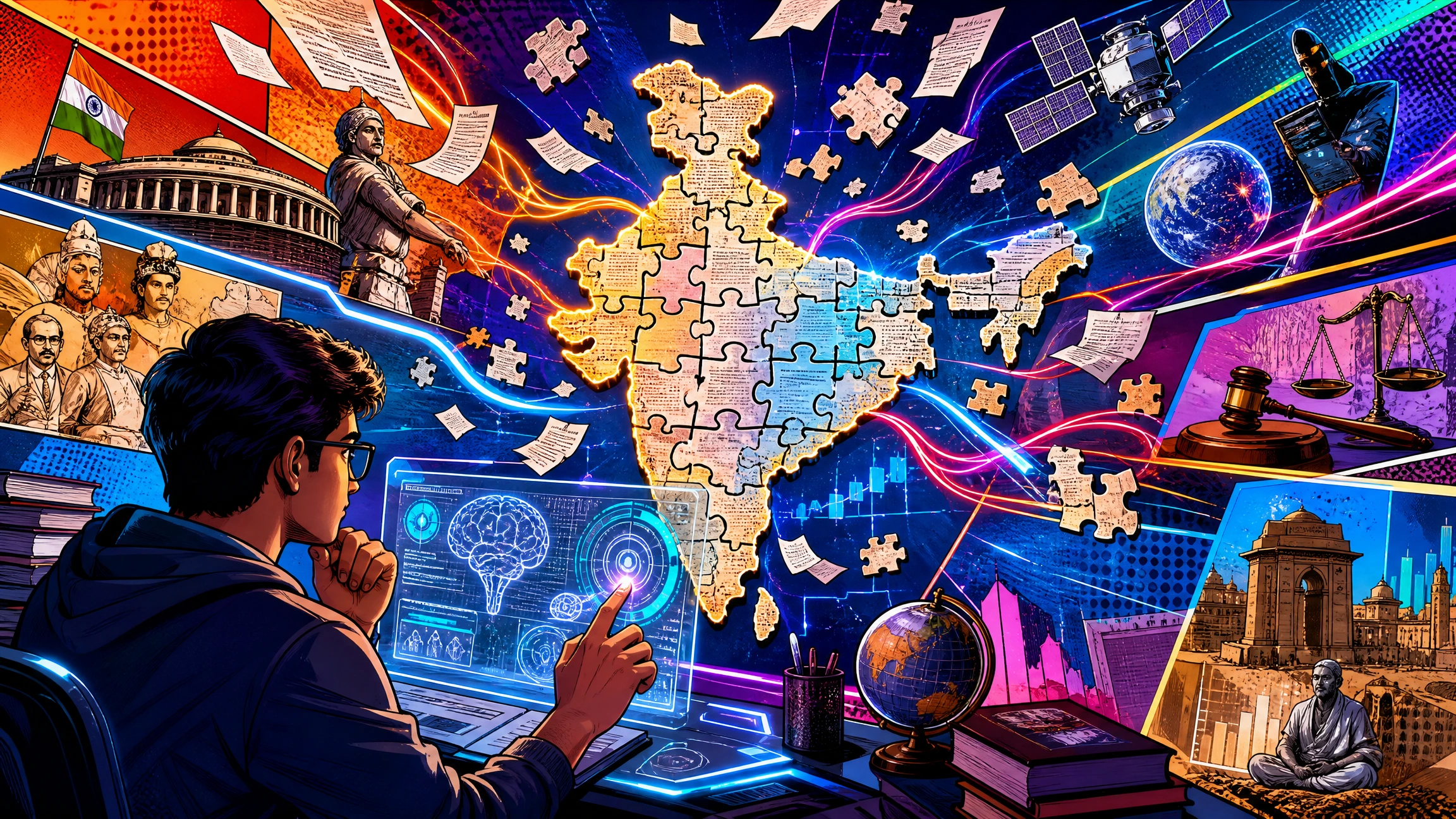 Modern pop art illustration of an Indian UPSC aspirant using a PYQ analysis tool with trend heatmaps, predictive analytics, and previous year question insights for strategic UPSC 2026 preparation.