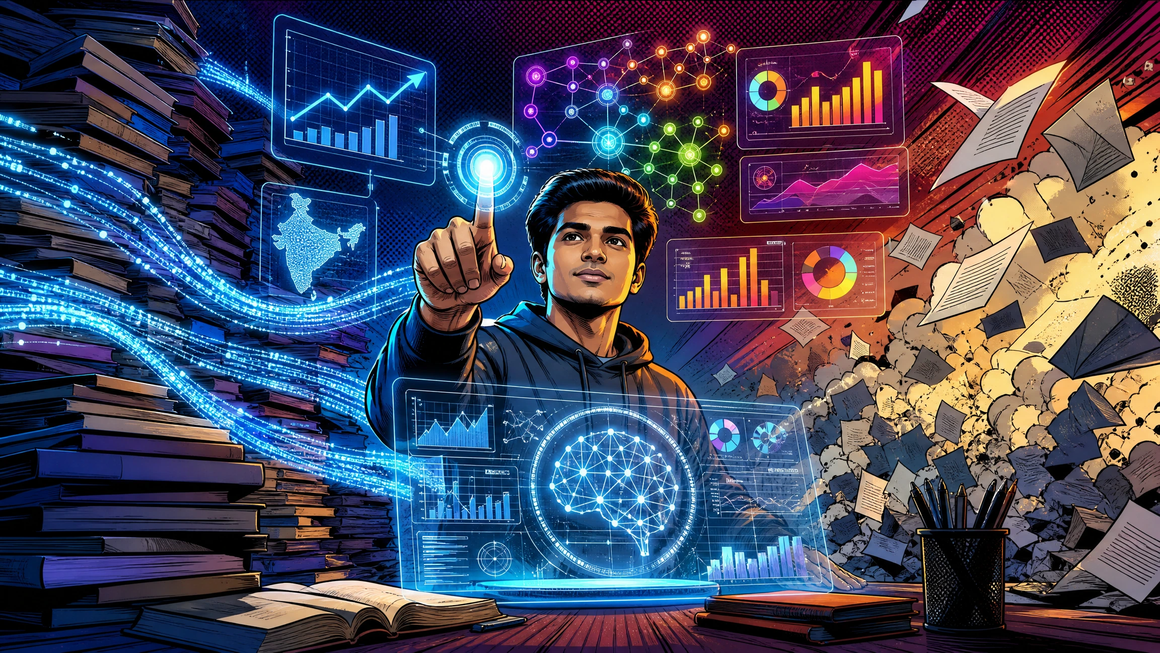 Modern pop art illustration of an Indian UPSC aspirant using a PYQ analysis tool with trend heatmaps, predictive analytics, and previous year question insights for strategic UPSC 2026 preparation.