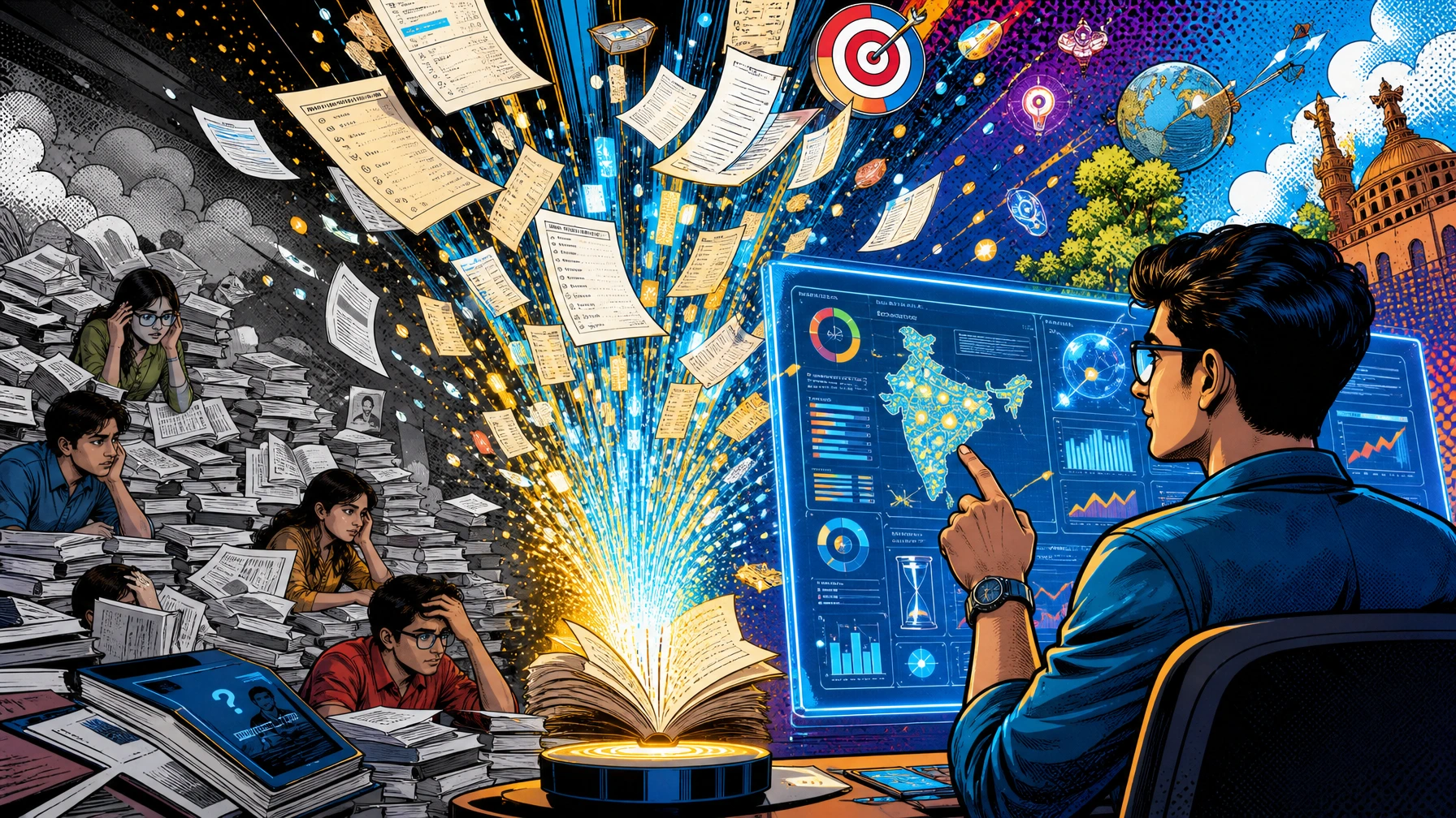 Modern pop art illustration of an Indian UPSC aspirant analyzing the UPSC 2018 Prelims question paper using trend analysis, PYQ insights, and strategic exam pattern decoding for UPSC preparation.