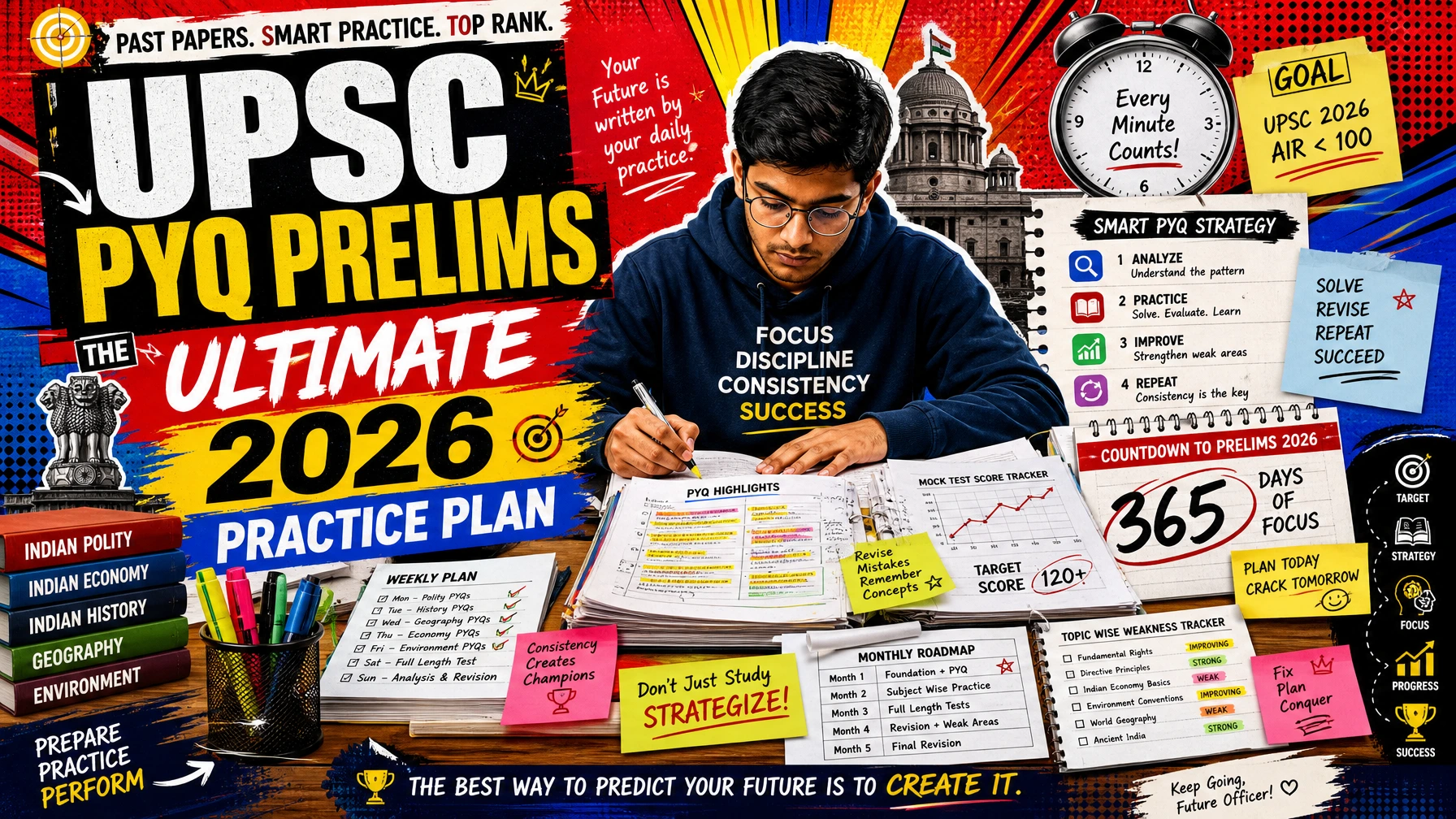 Modern pop-art illustration of an Indian UPSC aspirant studying previous year questions (PYQs) with strategic 2026 prelims preparation plan, colorful editorial educational poster design with notes, mock tests, and exam-planning visuals.