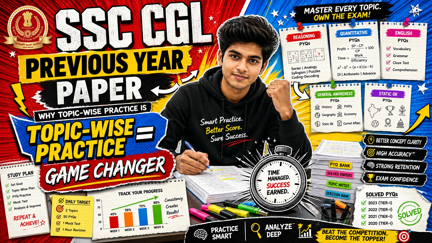 Modern pop-art illustration of an Indian SSC CGL aspirant practicing topic-wise previous year questions with quant, reasoning, English, and GK study materials, colorful educational poster design showing strategic SSC exam preparation and score improvement visuals.