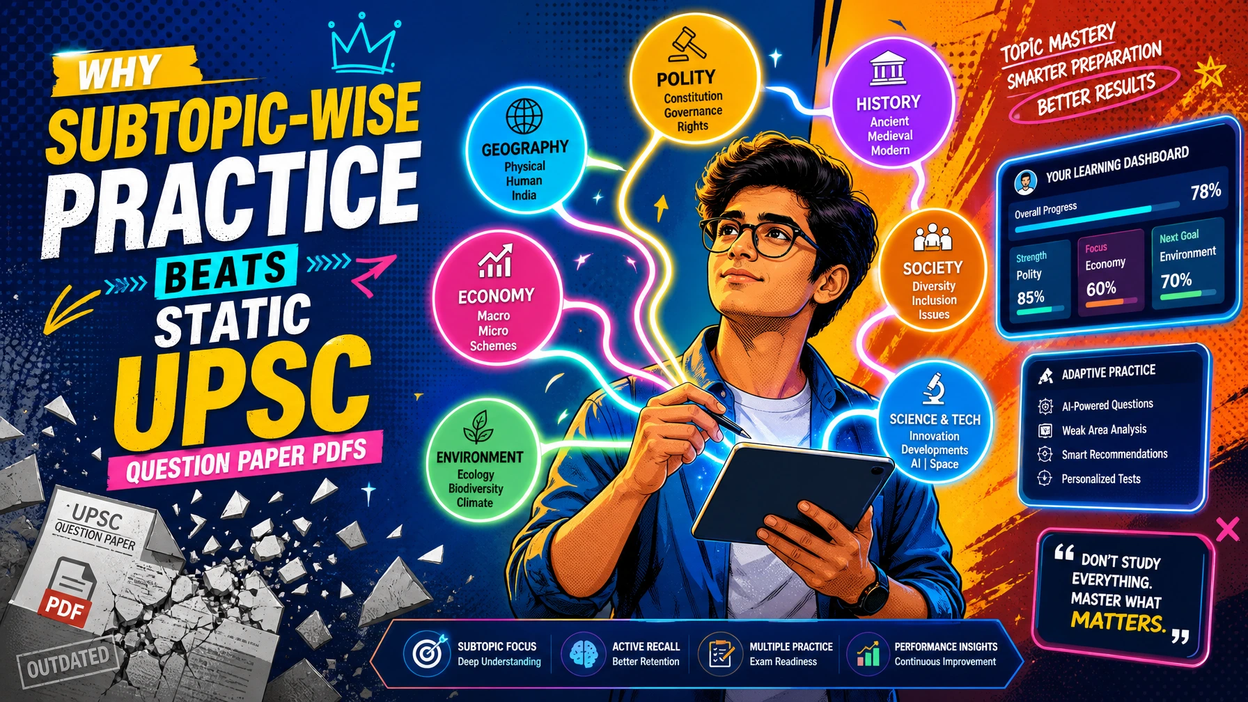 Modern pop-art illustration of an Indian UPSC aspirant using subtopic-wise practice instead of static UPSC question paper PDFs, featuring vibrant educational visuals, digital learning elements, and colorful exam preparation graphics.