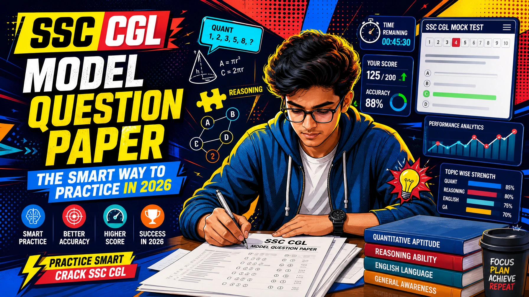 Modern pop-art illustration of an SSC CGL aspirant practicing model question papers and mock tests for SSC CGL 2026 with colorful educational graphics and exam preparation elements.