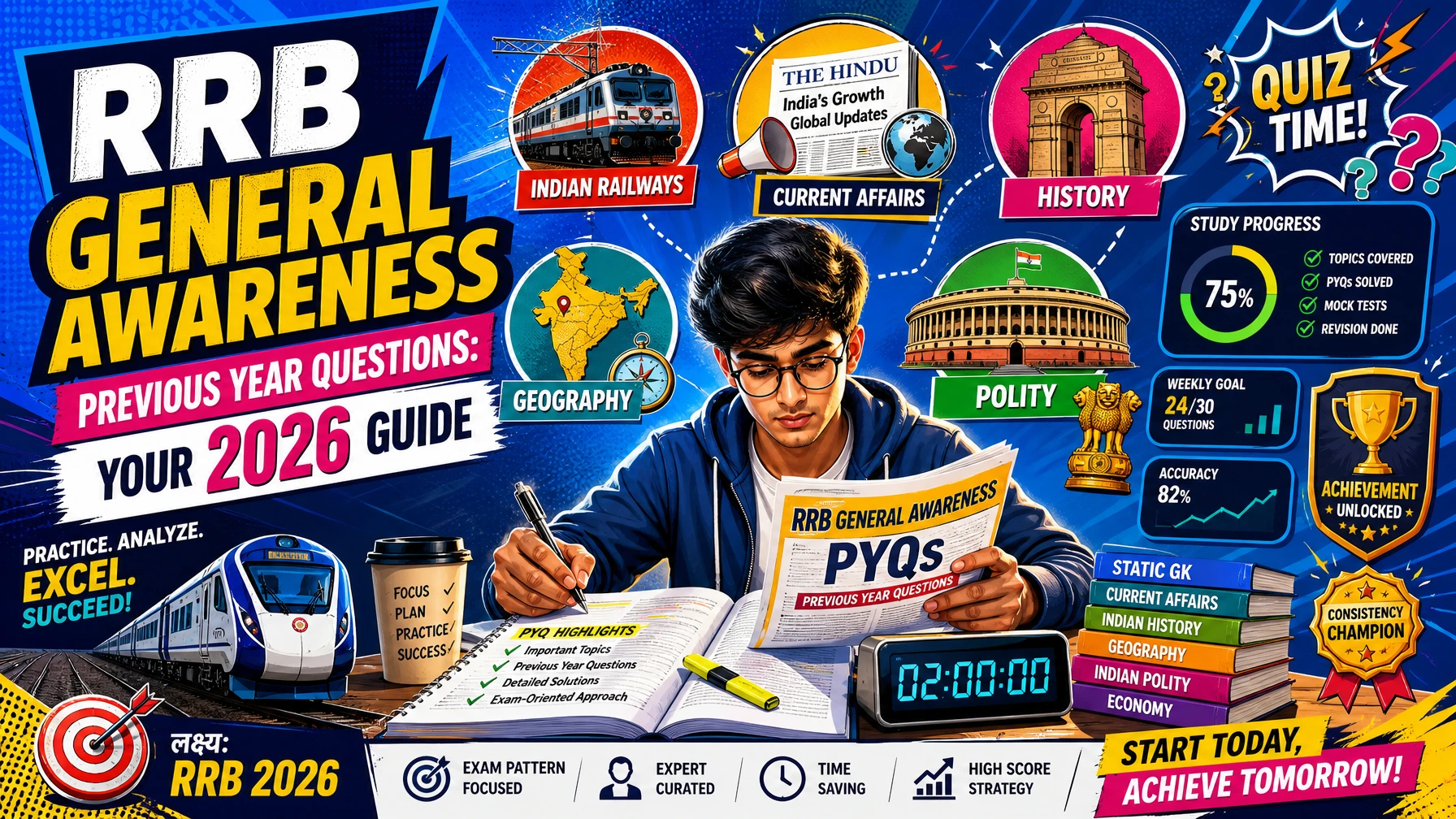 Modern pop-art illustration of an RRB aspirant practicing General Awareness previous year questions for RRB exams 2026 with colorful current affairs and railway exam preparation graphics.
