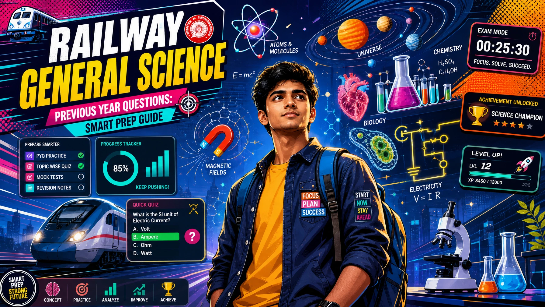 Modern pop-art illustration of a railway exam aspirant preparing General Science previous year questions with futuristic science graphics and colorful educational visuals for Railway exams 2026.
