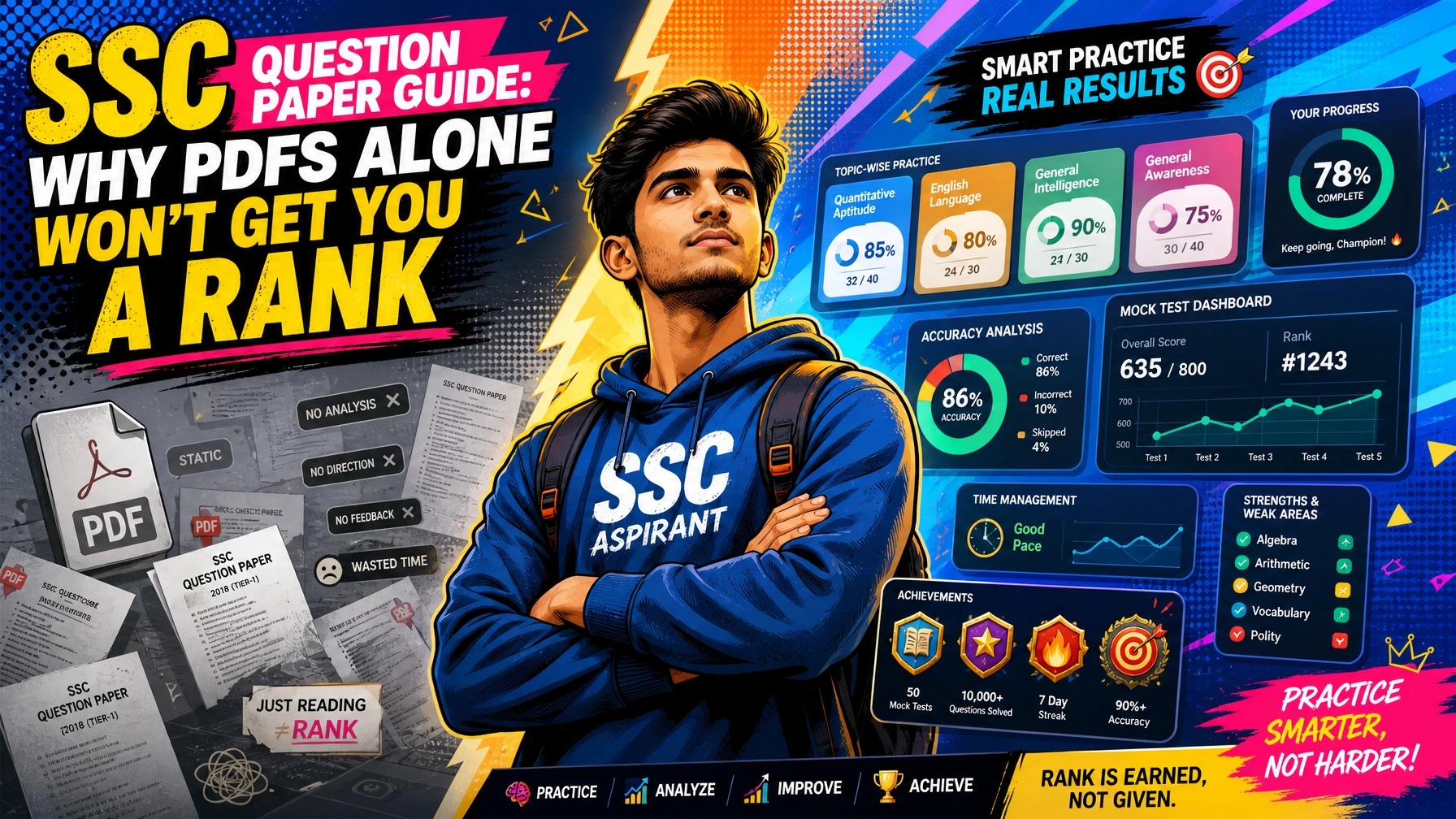 Modern pop-art illustration showing why SSC question paper PDFs alone are not enough, featuring an SSC aspirant using smart practice tools, mock tests, and performance analytics for SSC exam preparation.