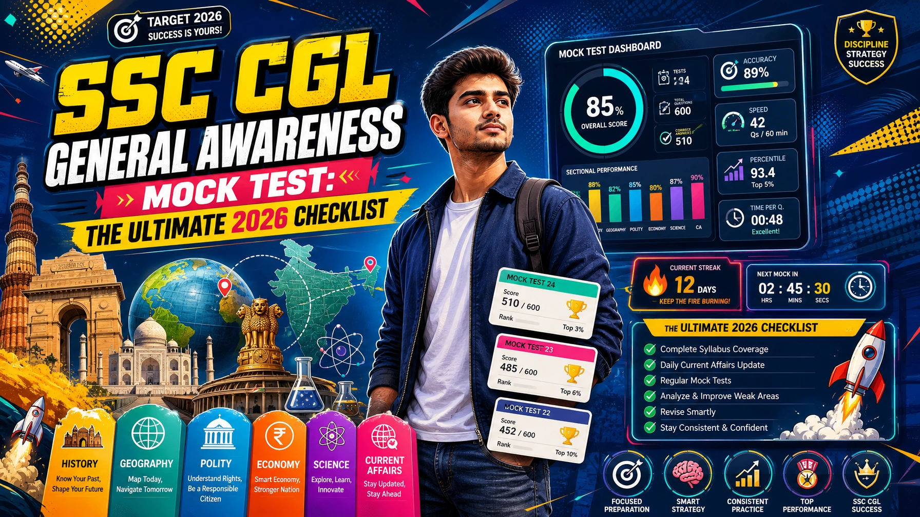 Modern pop-art illustration of an SSC CGL aspirant taking a General Awareness mock test with checklist items, score analytics, and topic-wise preparation graphics for SSC CGL 2026.