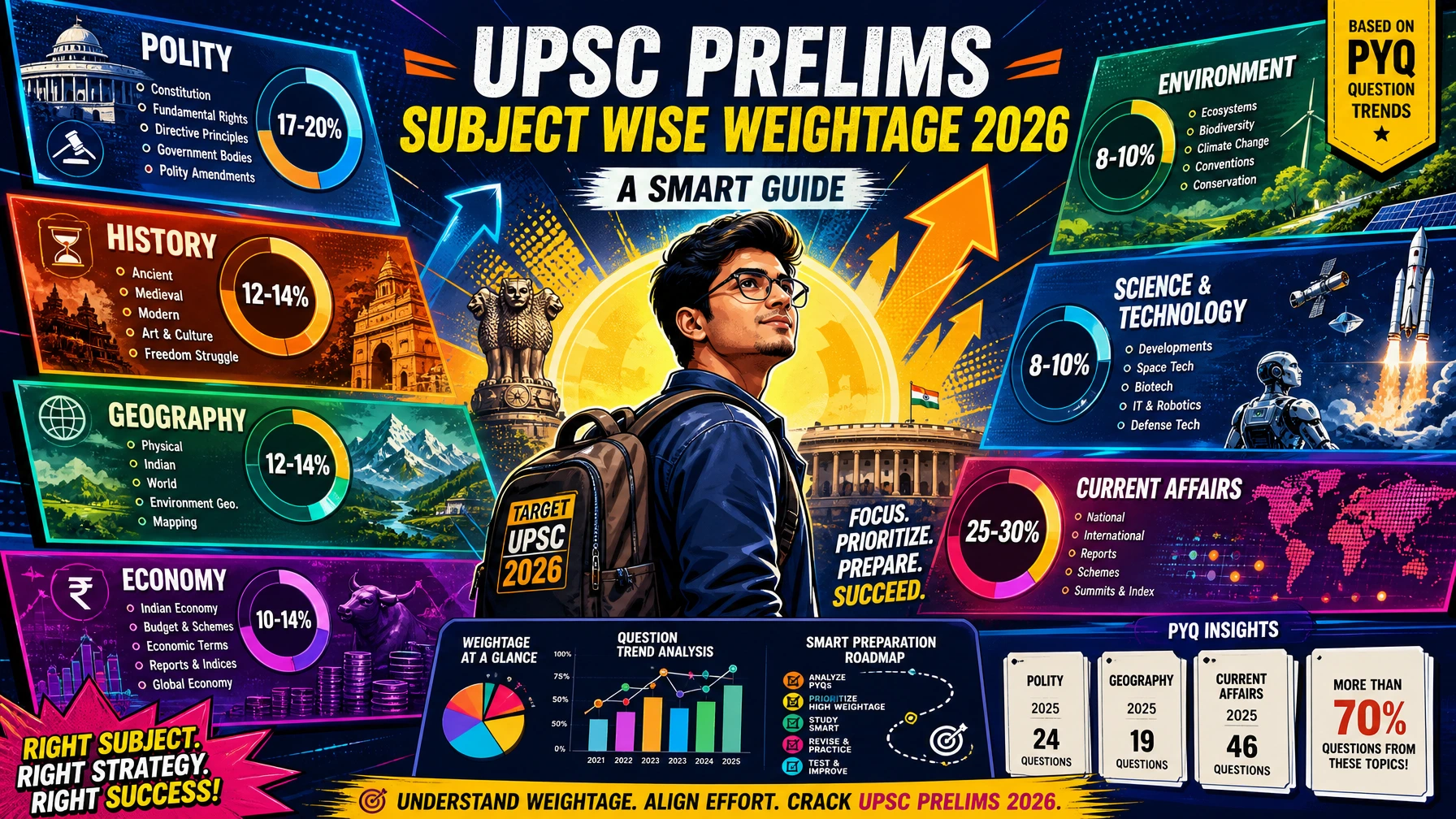 Modern pop-art illustration of a UPSC aspirant analyzing subject-wise weightage for UPSC Prelims 2026 using colorful charts, PYQ trends, and strategic preparation graphics.