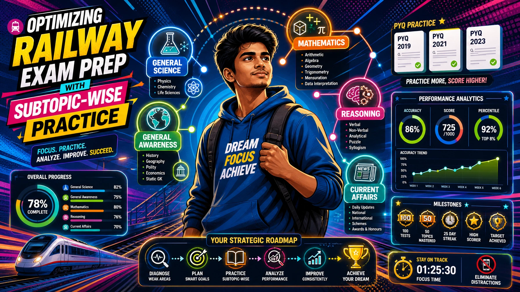 Modern pop-art illustration of a railway exam aspirant using subtopic-wise practice with PYQs, progress analytics, and smart preparation strategies for Railway exams 2026.