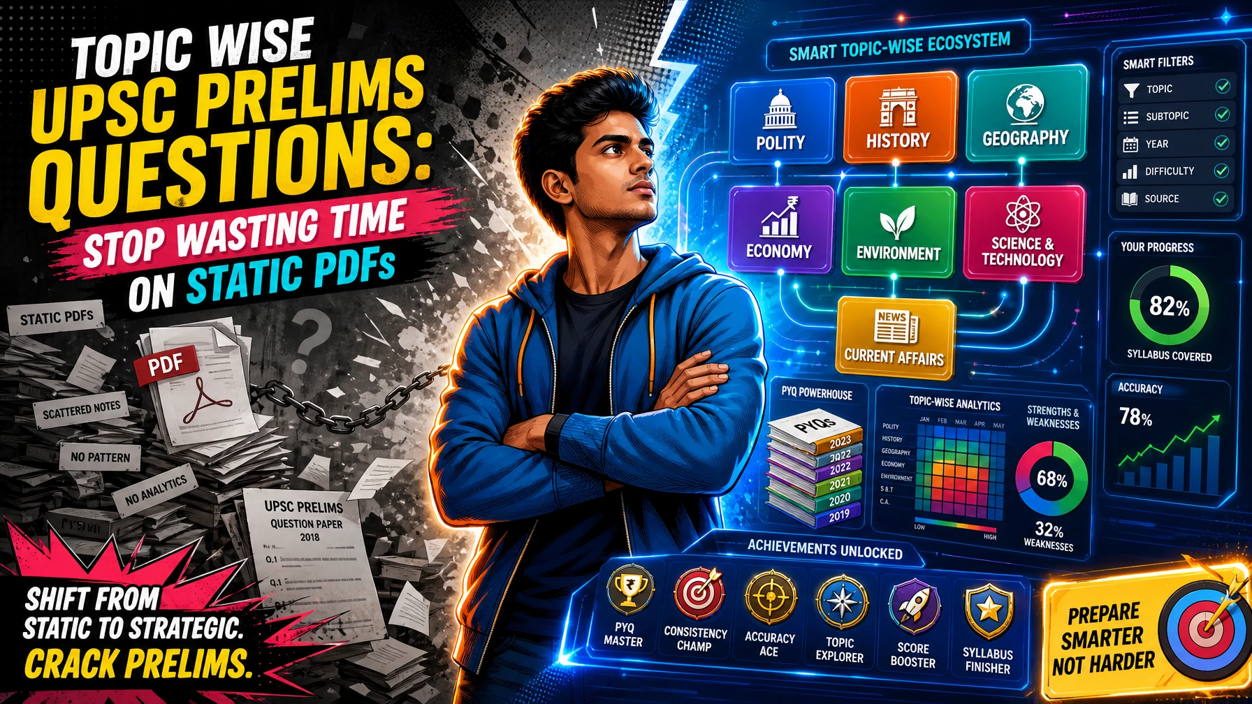 Modern pop-art illustration of a UPSC aspirant switching from static PDFs to topic-wise UPSC Prelims PYQ practice with colorful analytics, subject cards, and smart preparation tools.