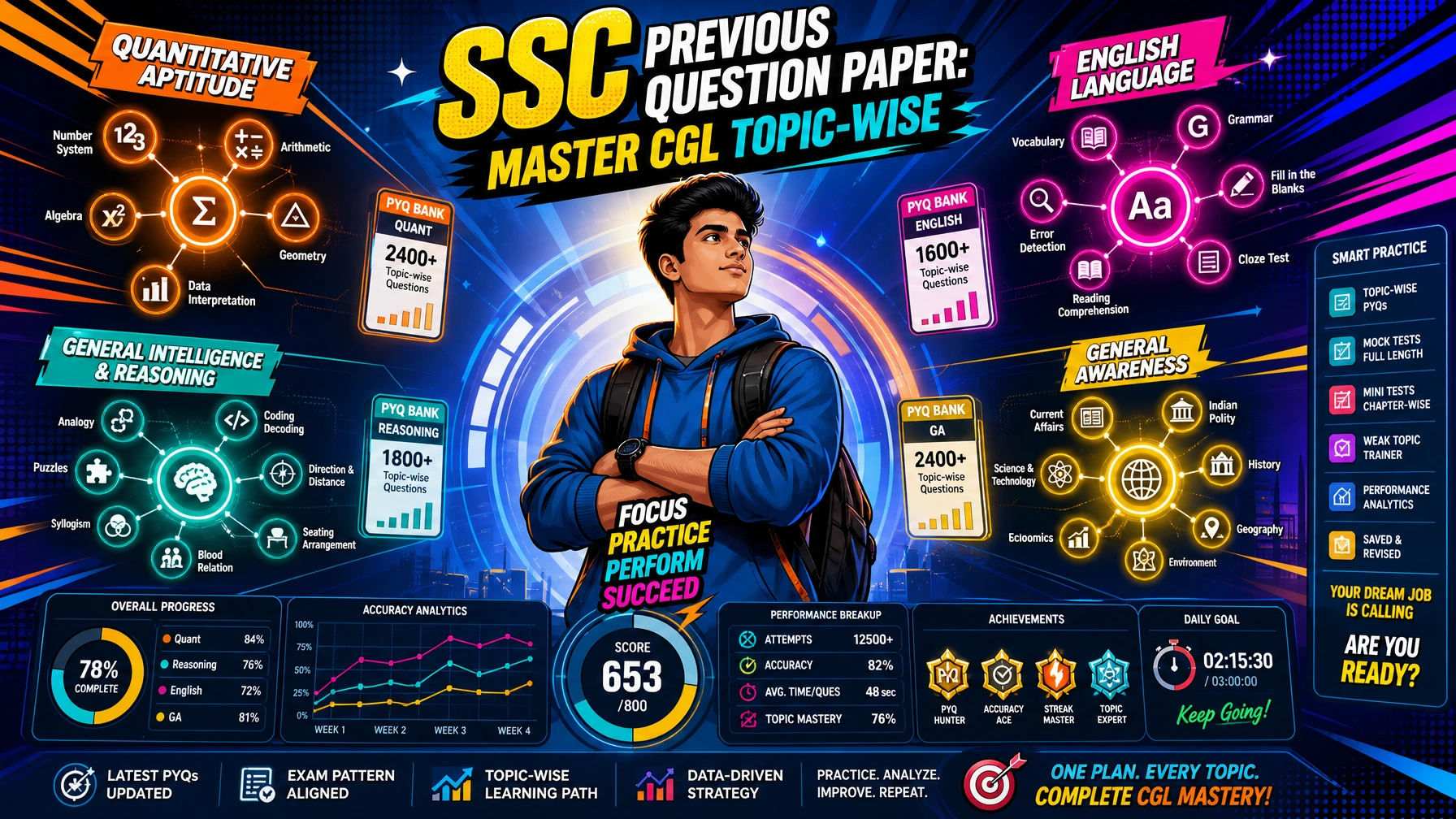 Modern pop-art illustration of an SSC CGL aspirant mastering topic-wise previous year questions across Quant, Reasoning, English, and General Awareness with smart practice analytics.