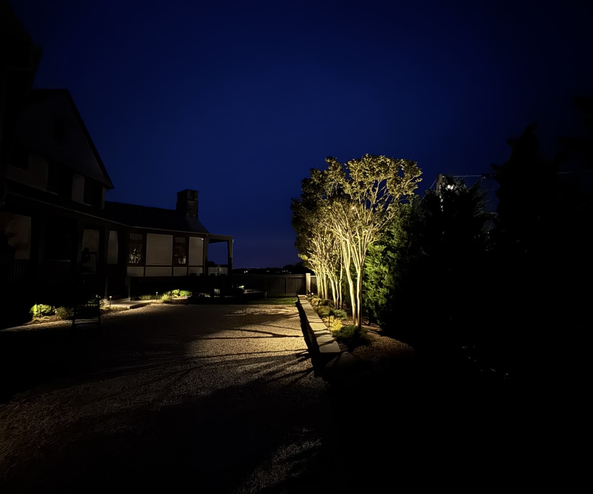 Cutchogue landscape lighting for a garden approach after dark