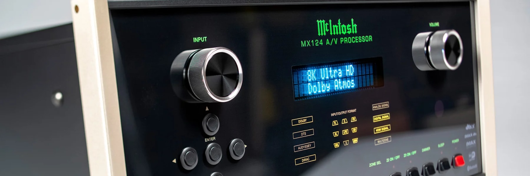 McIntosh MX124 A/V processor front panel, angled studio photograph