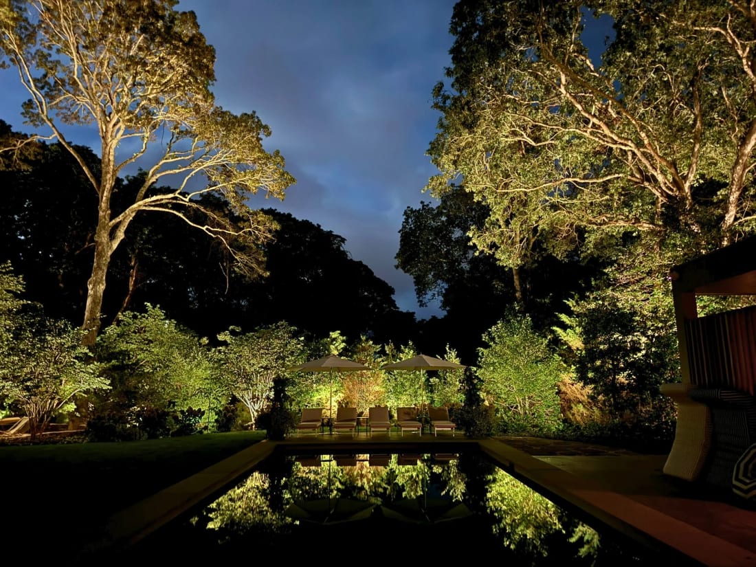 Illuminated residential poolside landscaping after sunset