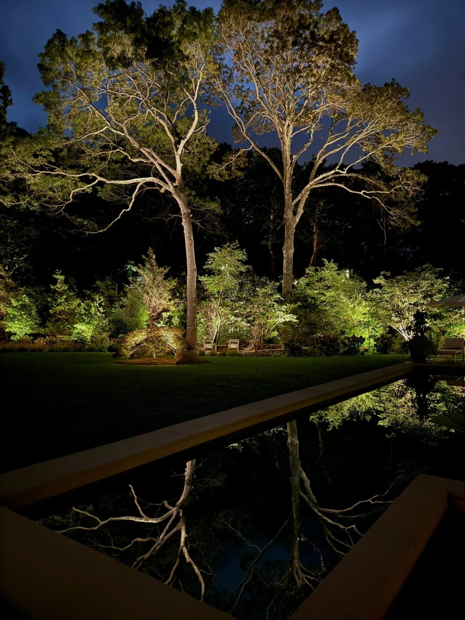 Layered tree and pool lighting reflected across an Amagansett property after dark