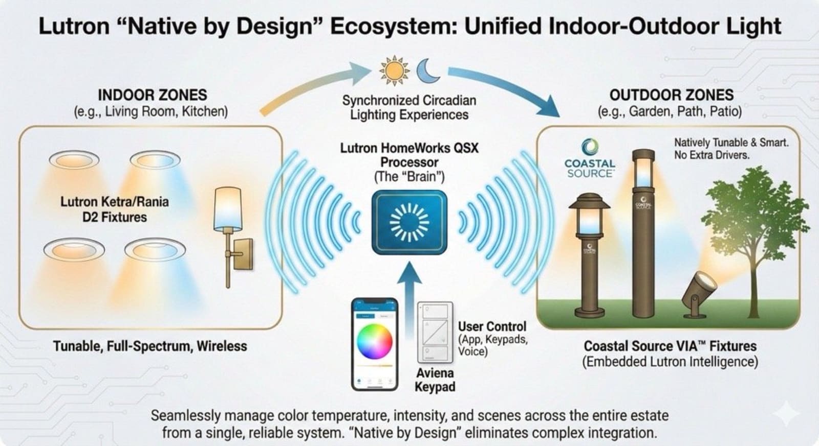 Lutron Native by Design and Coastal Source integrated outdoor lighting infographic