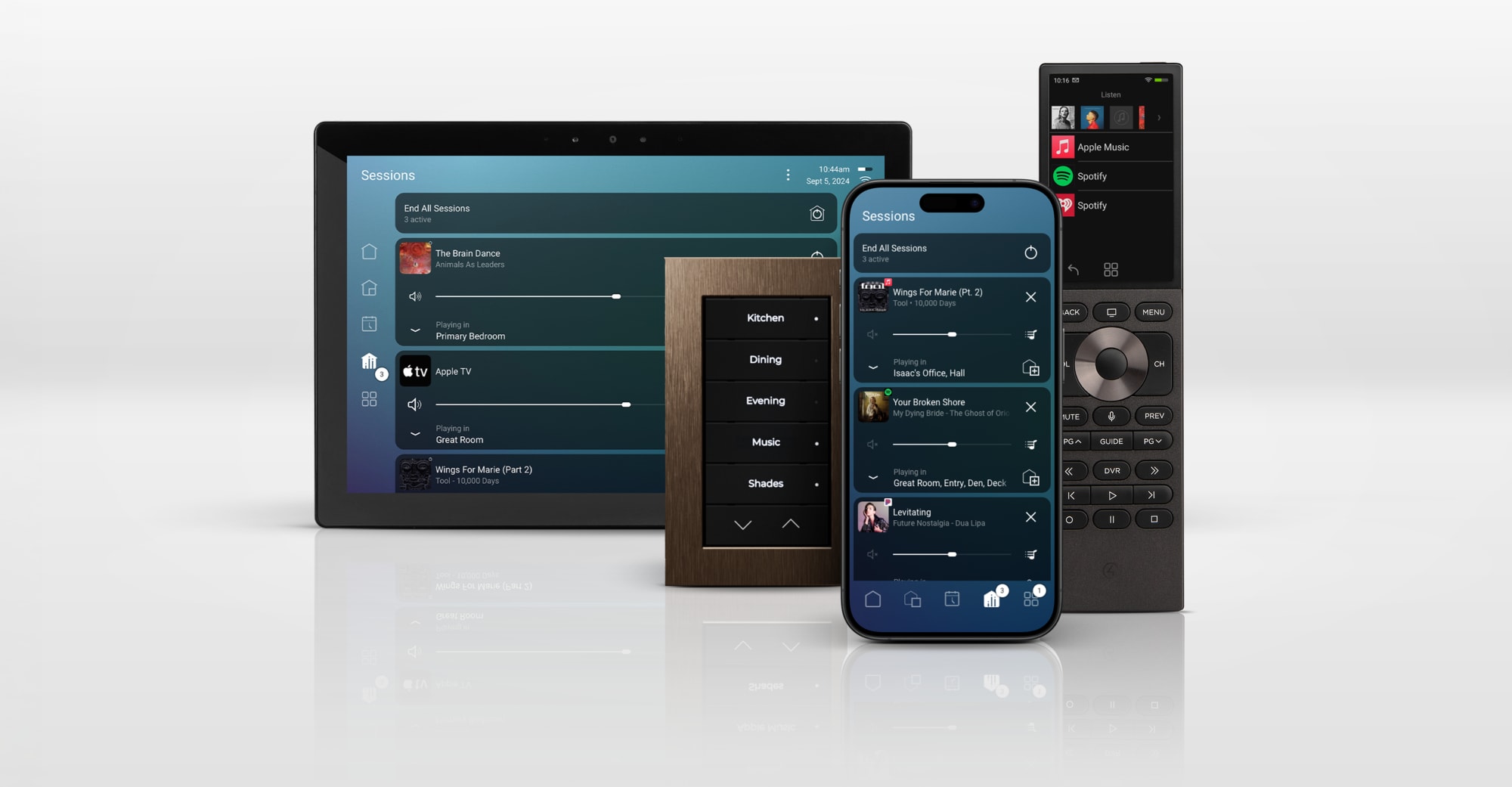 Control4 interfaces integrated throughout a luxury home — keypads, touchscreens and remotes