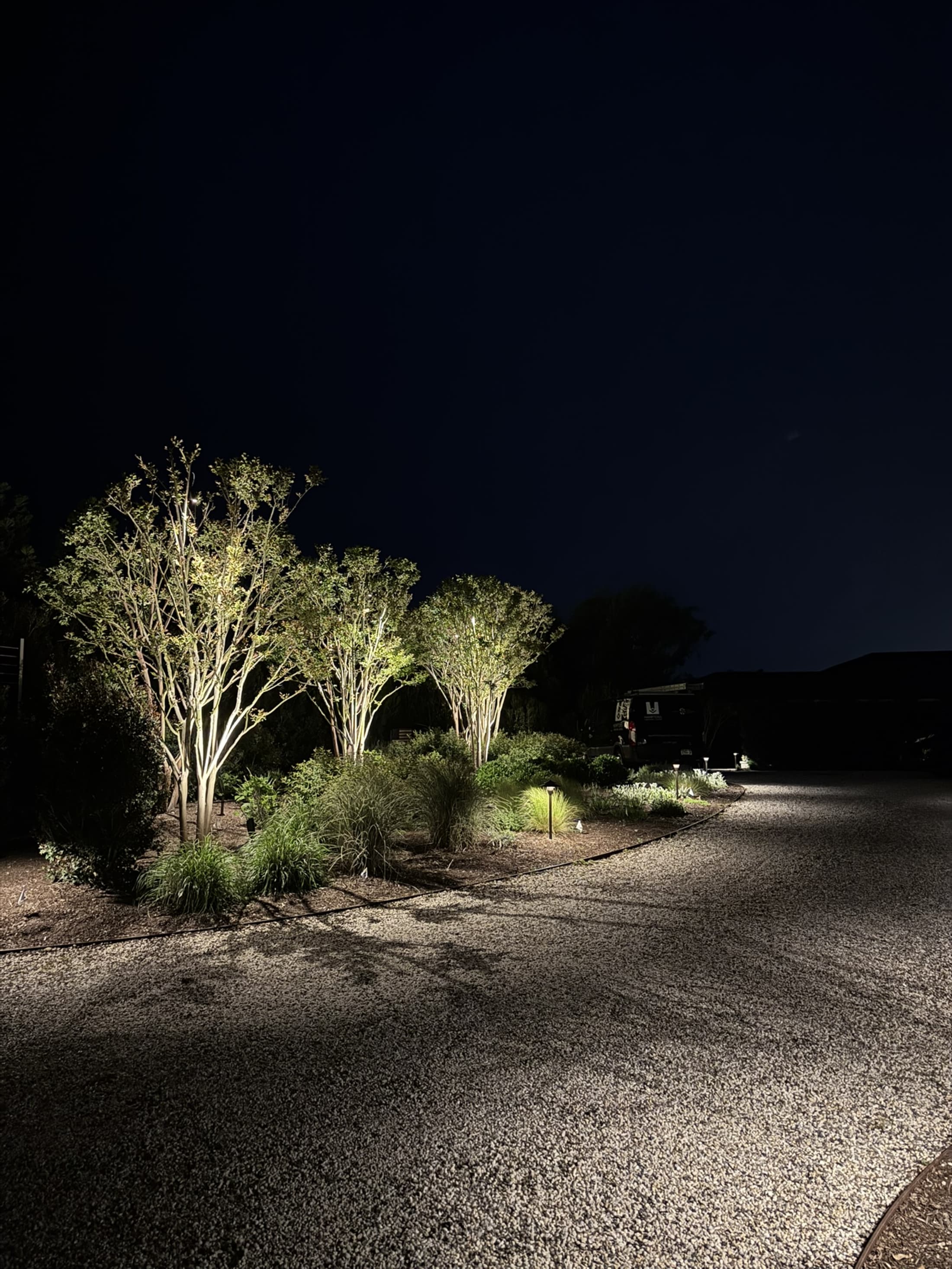 Low-glare landscape lighting guiding a gravel approach beside mature plantings at night