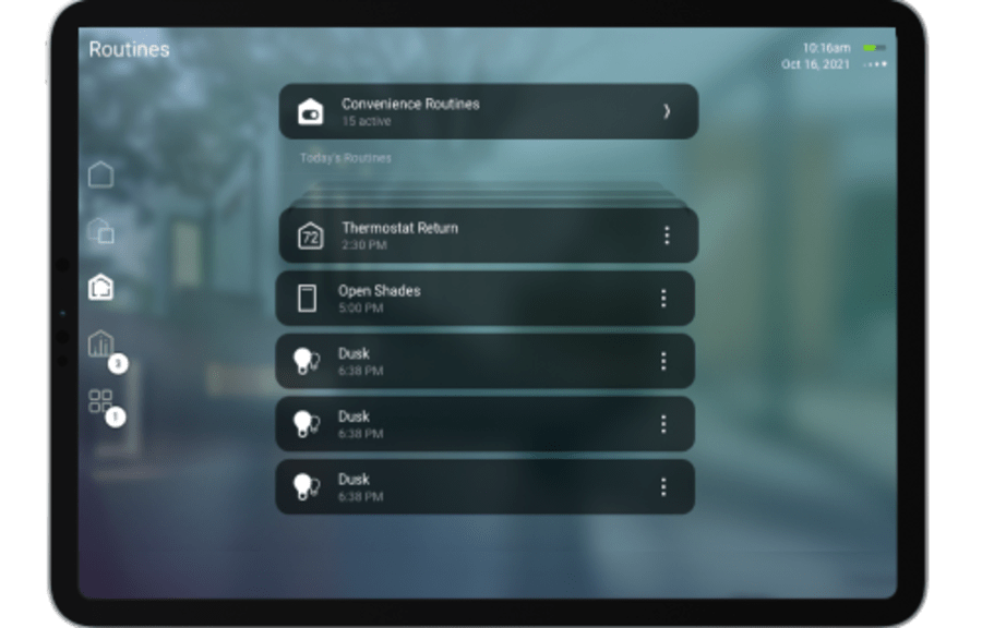 Control4 X4 on-screen interface showing automated routines