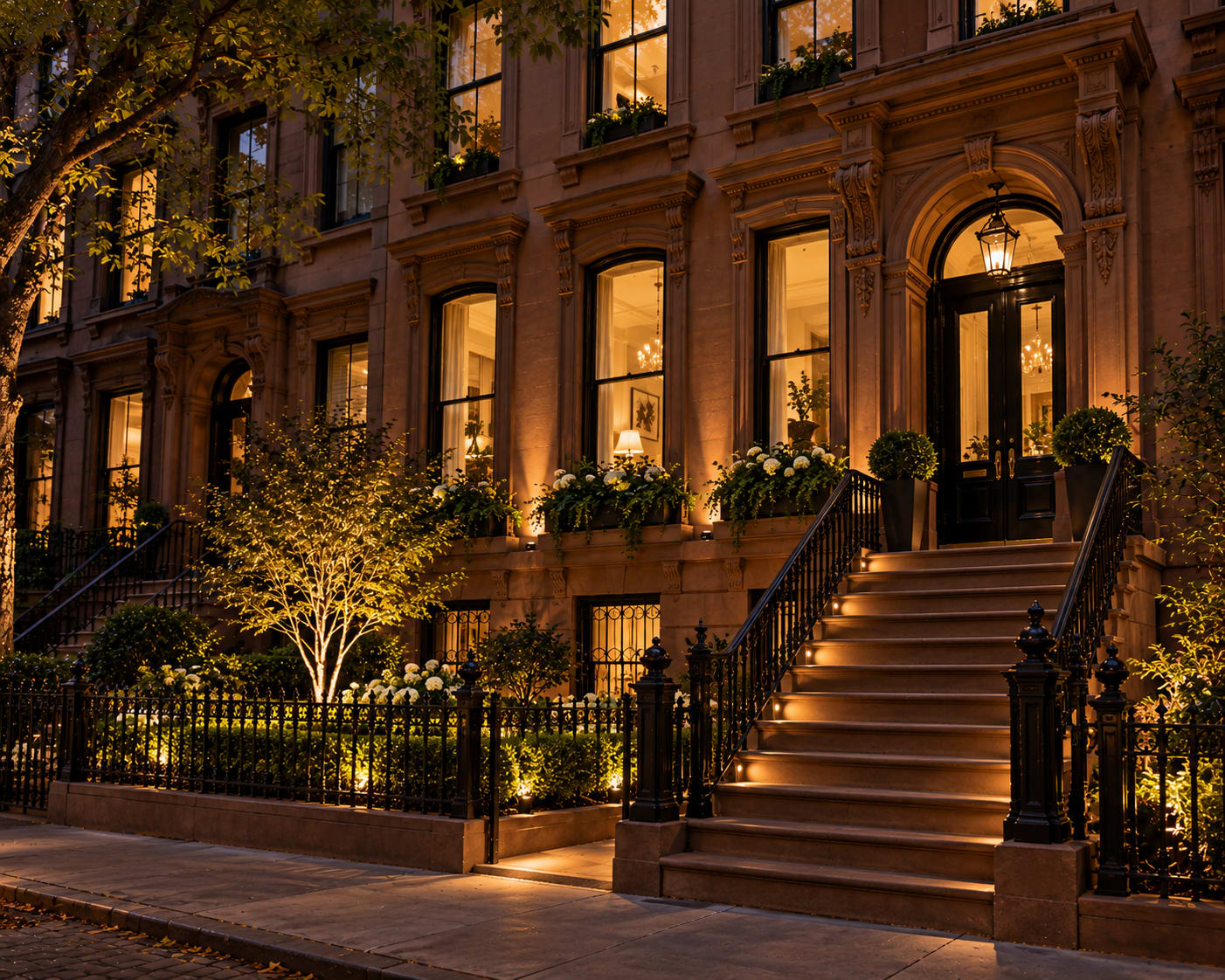 Illustrative golden-toned New York City brownstone rowhouse at dusk with subtle architectural and entry lighting