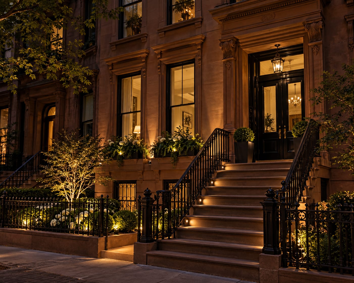 Illustrative New York City brownstone entrance with warm lantern and restrained exterior lighting at night