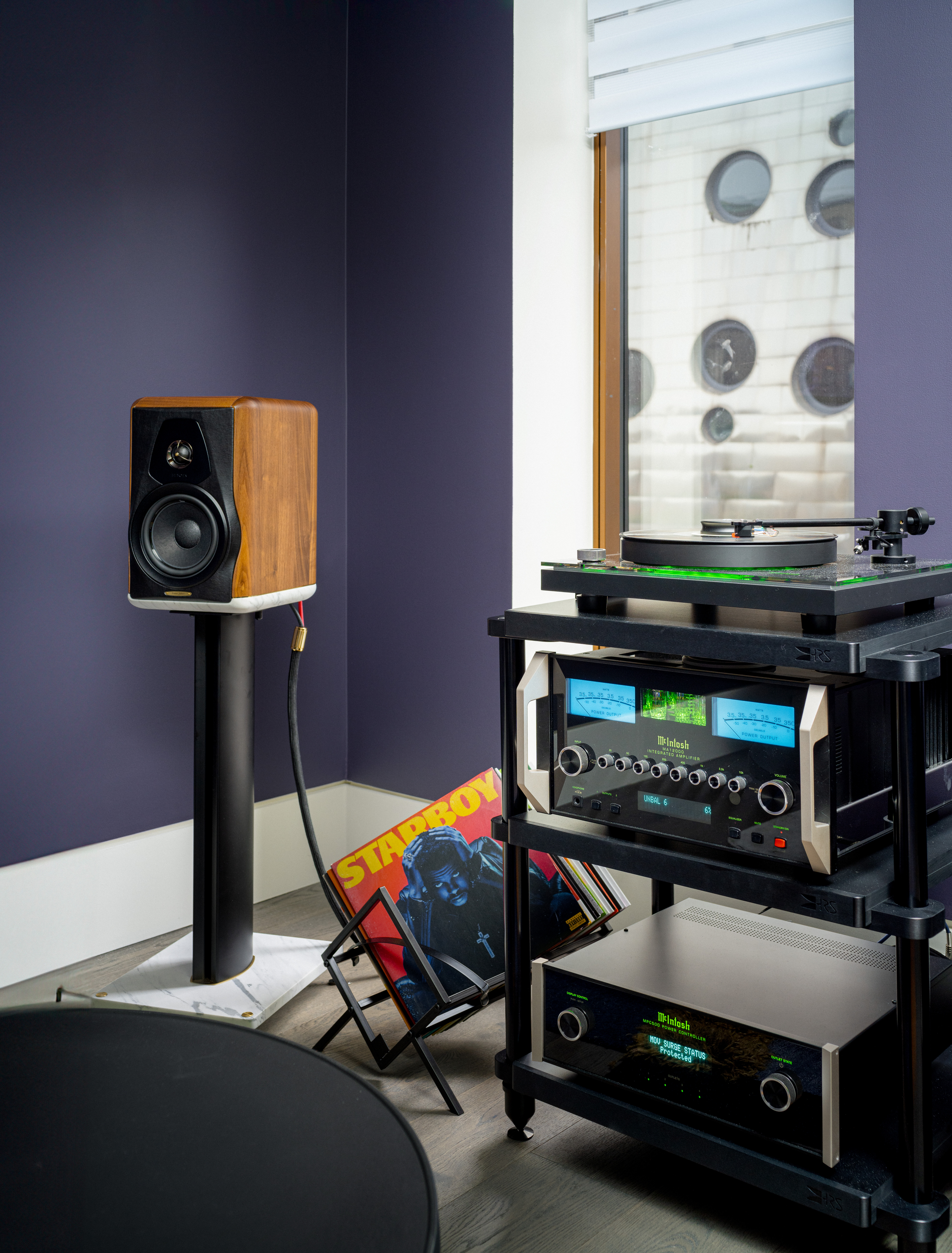 High-end Sonus Faber speaker and McIntosh audio system in a media room