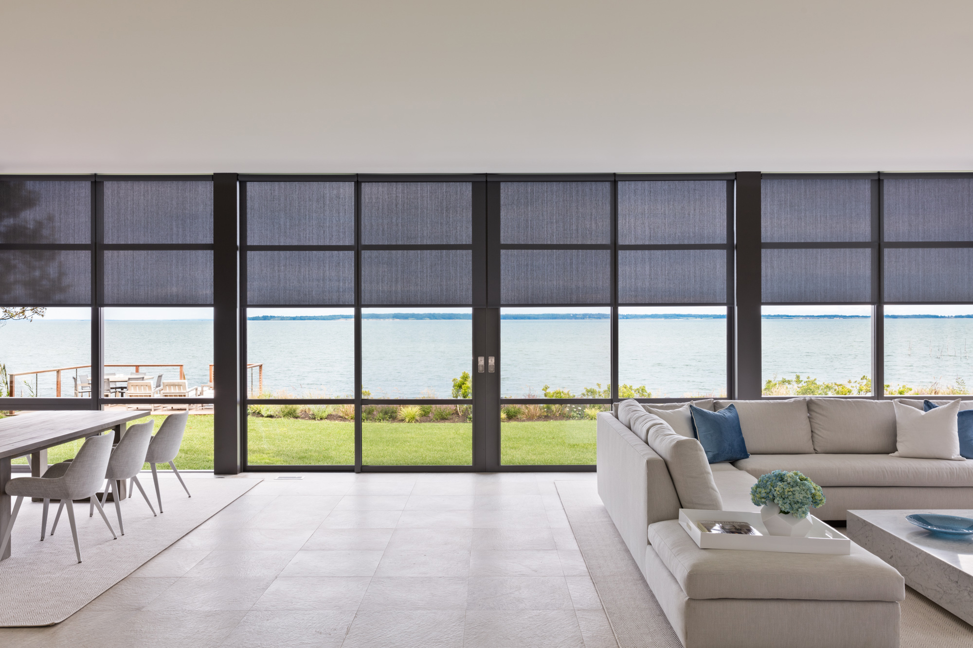 Lutron motorized shades in Hamptons living room — HTE installation