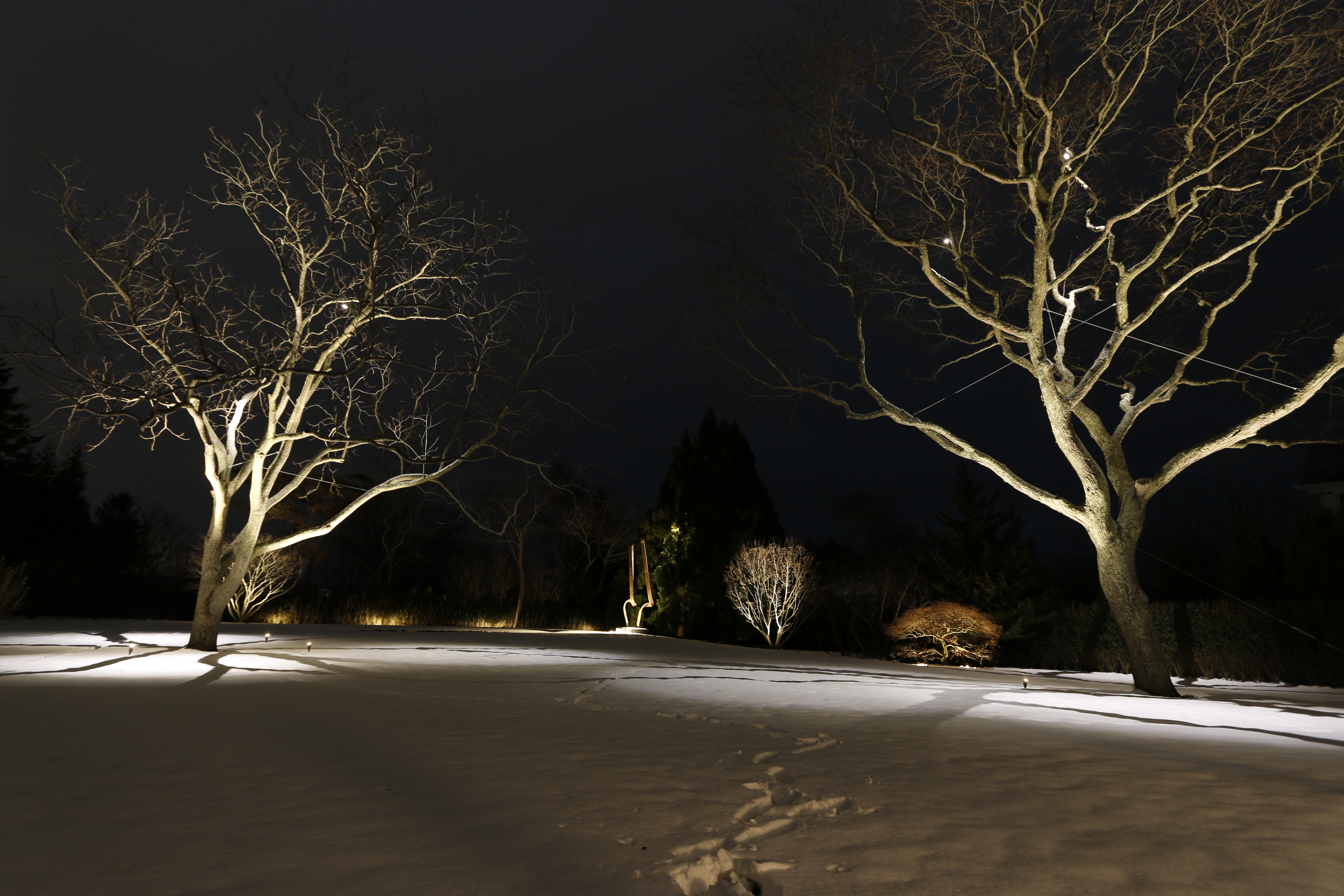 Estate outdoor lighting for a luxury Hamptons property with trees, lawn, and outdoor living zones