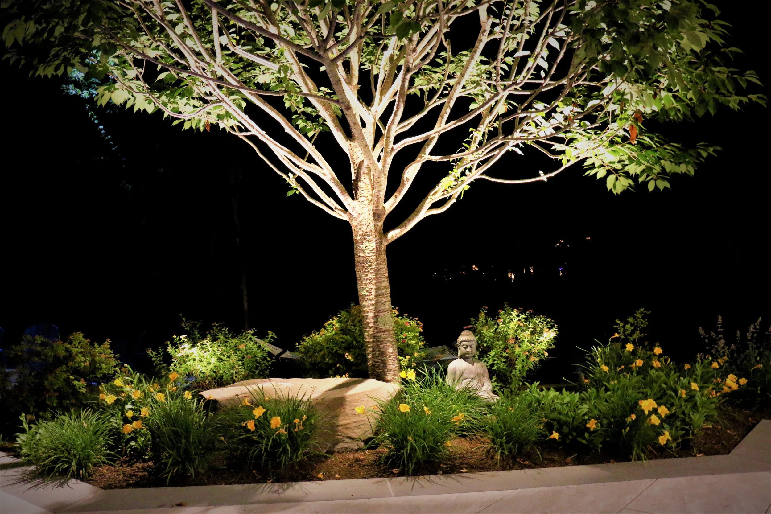 Precision uplighting on garden sculpture at a Hamptons estate at night — fine art stewardship by Hamptons Landscape Lighting