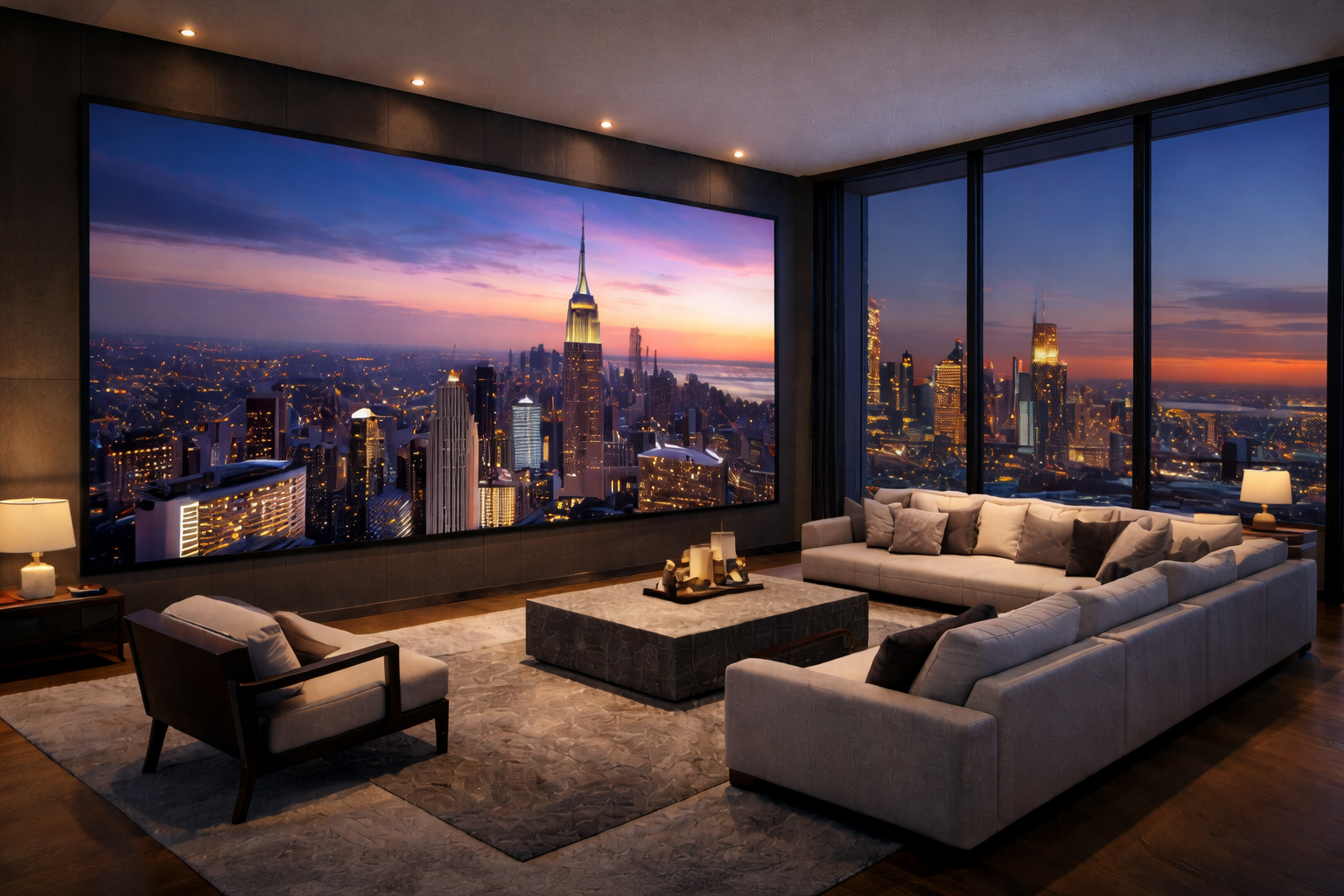 Luxury home theater video wall with city skyline — HTE SANCTUM Hamptons