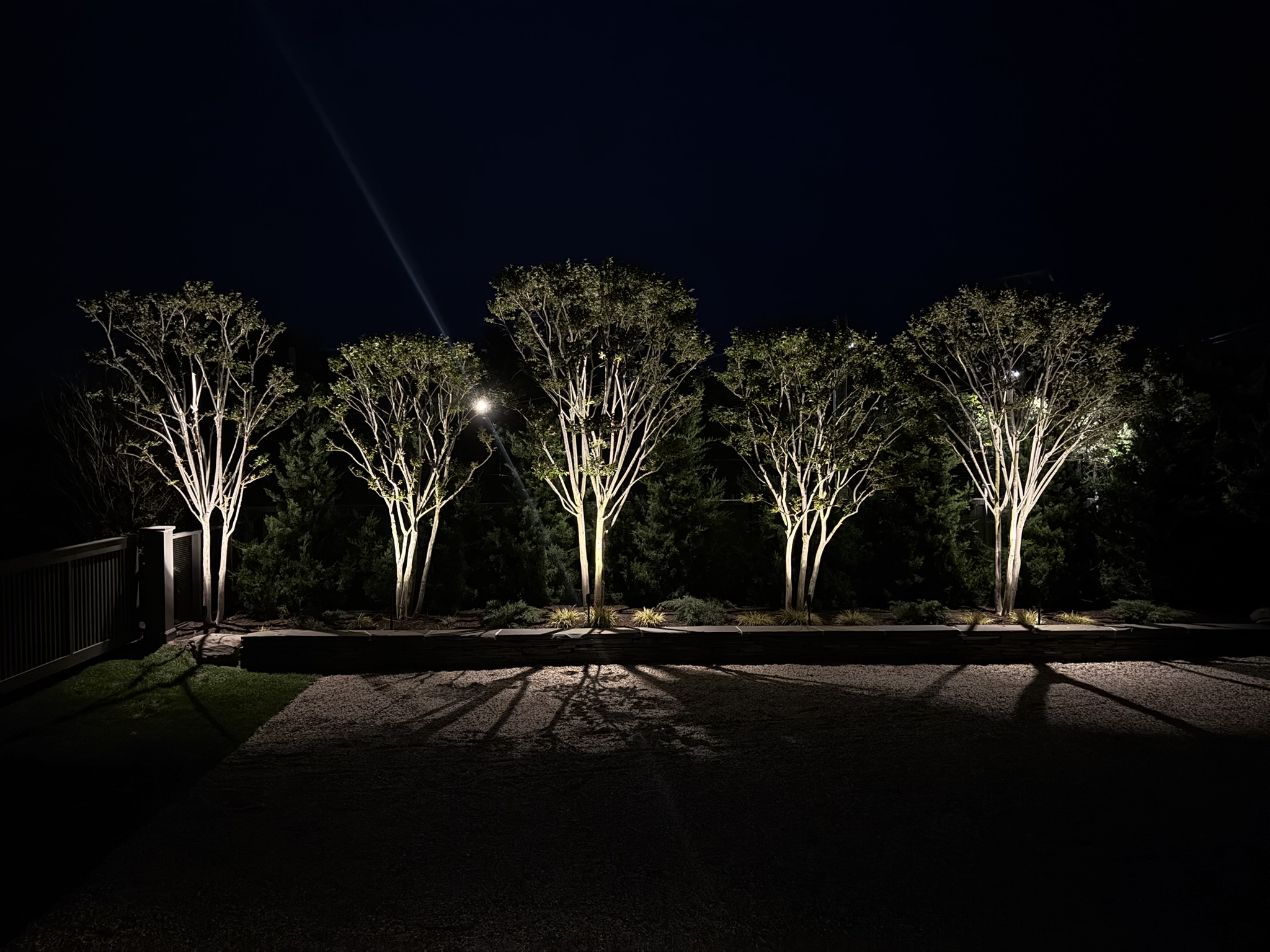 Warm exterior lighting on a landscaped residential property at night