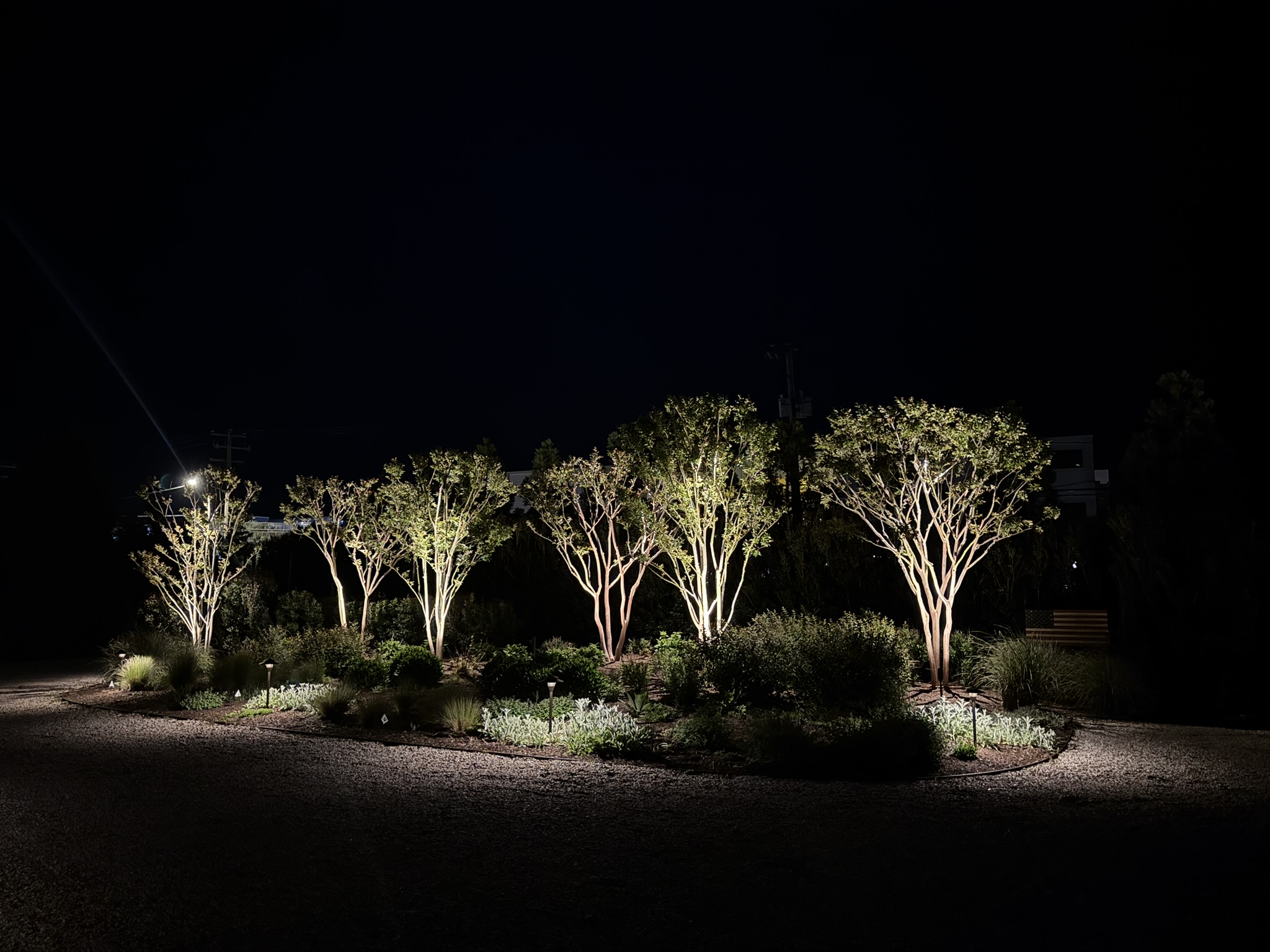 Low-glare residential exterior lighting at night