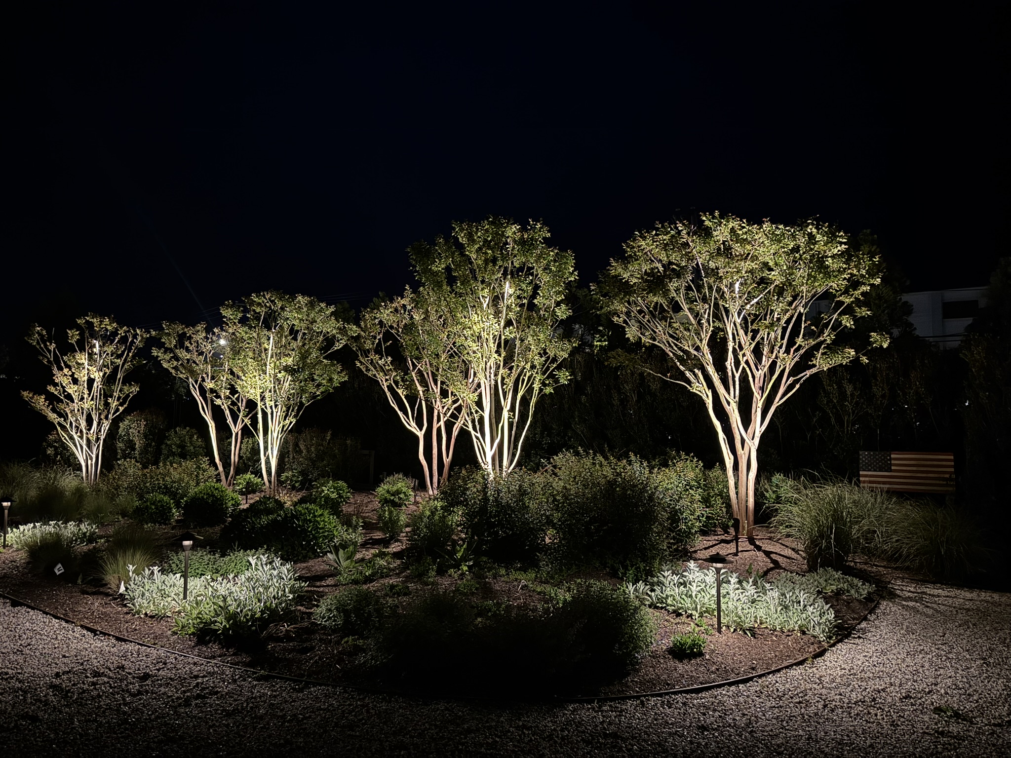 Landscape lighting illuminating a residential garden and exterior at night