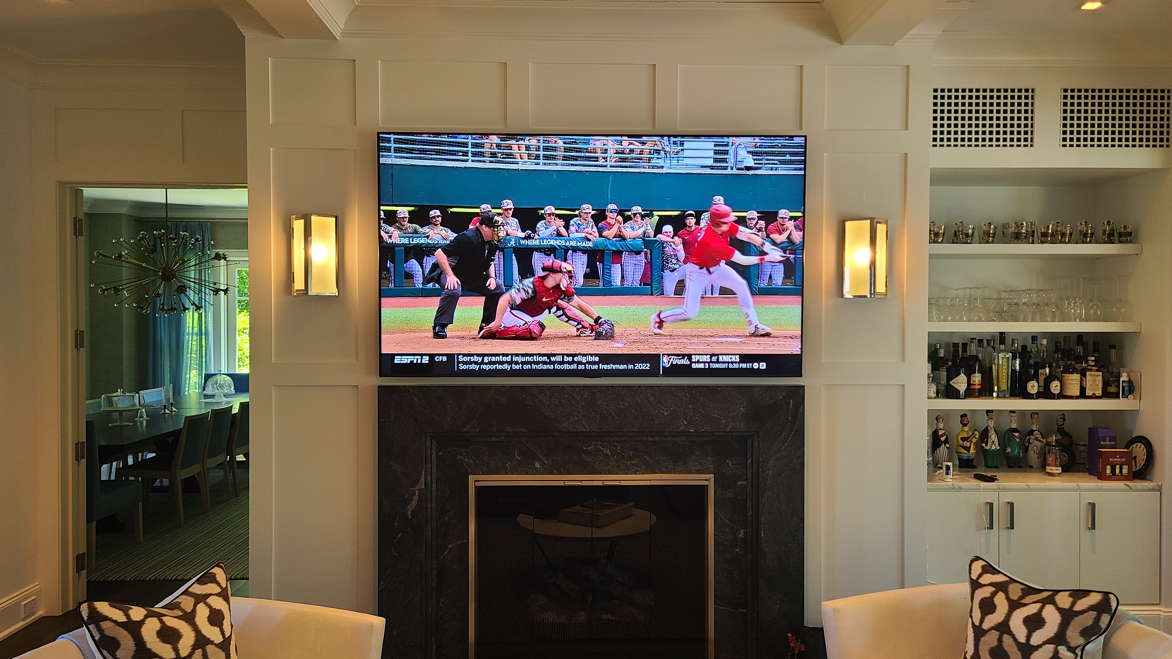 Integrated home entertainment, lighting, and smart home control in a Lloyd Harbor living room