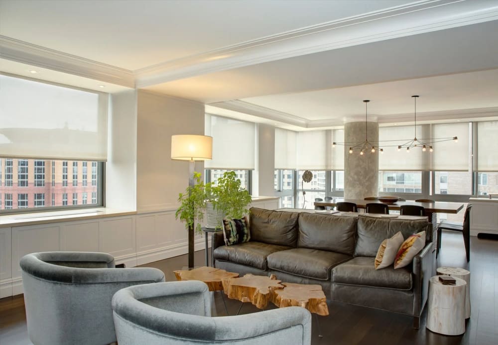 Lutron motorized shades in luxury Hamptons living room — HTE Diamond Dealer