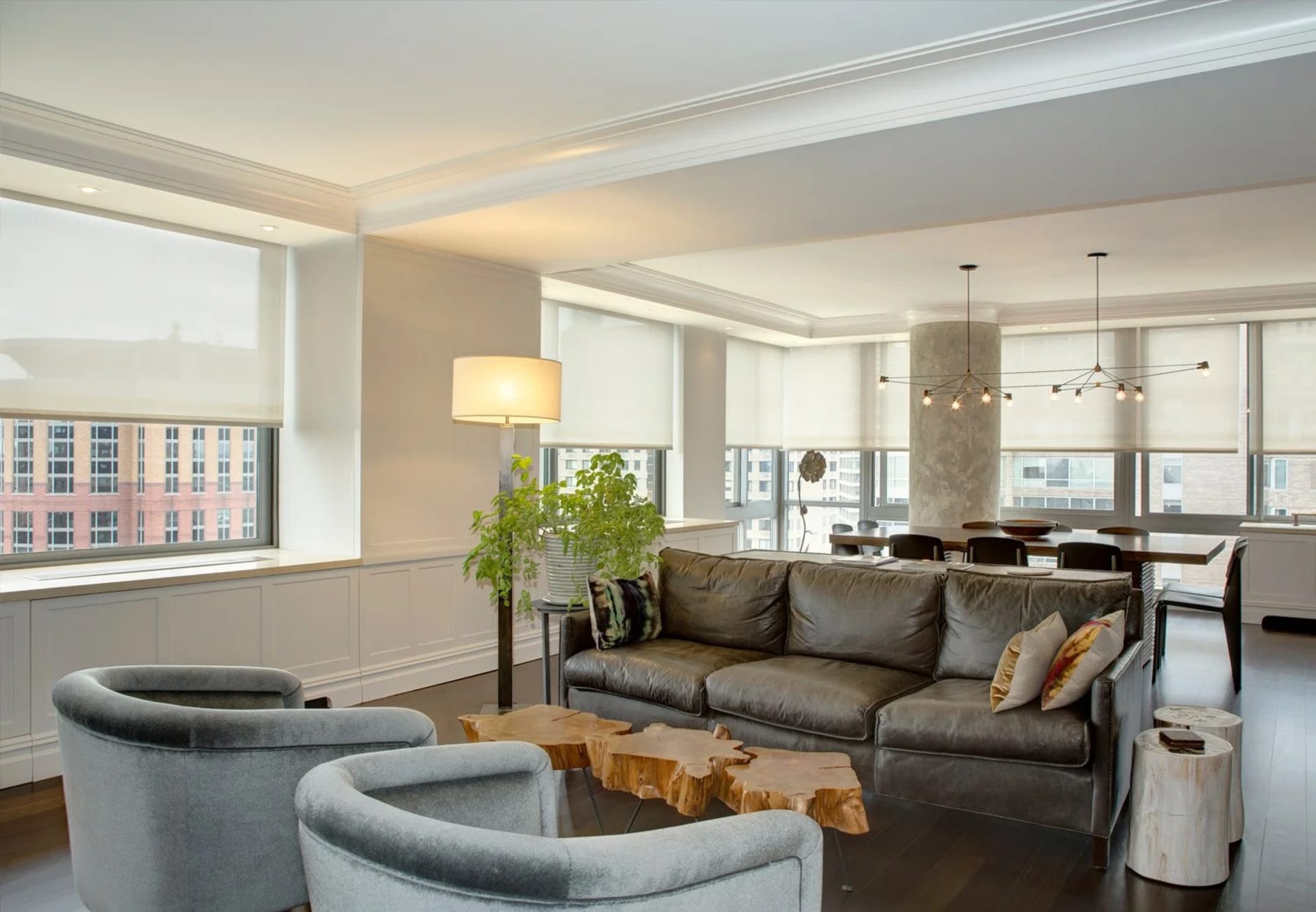 Luxury Hamptons living room with Lutron motorized shades — Home Technology Experts