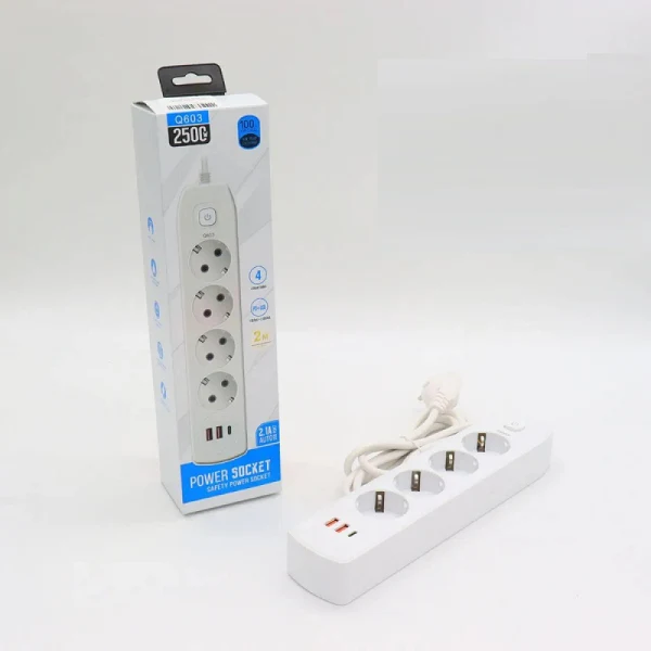POWER SOCKET Q603 2M 2500W 04 PRISE + 02 USB + 01USB C WHITE