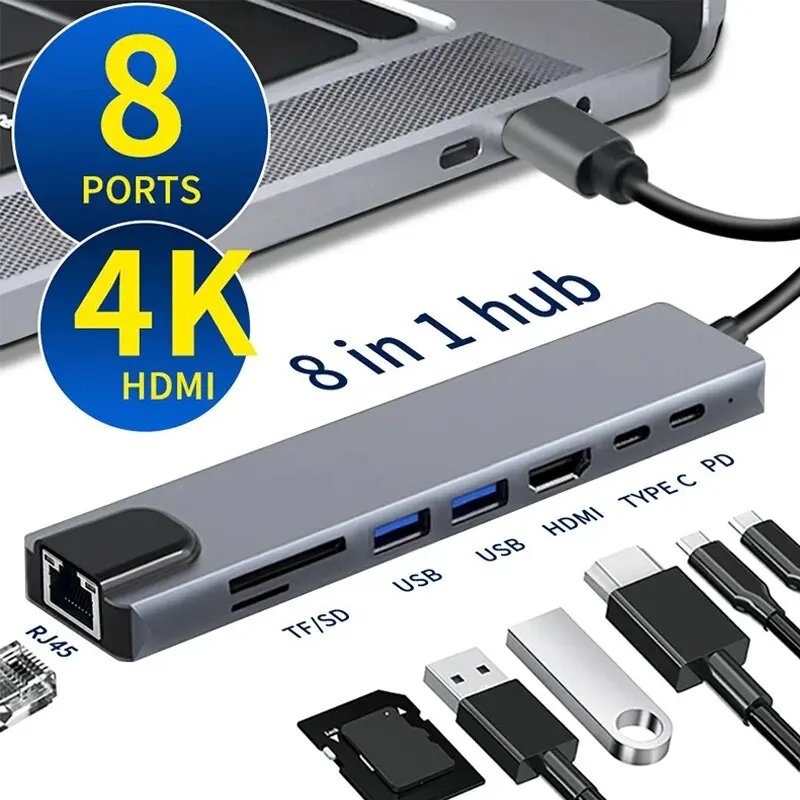ADAPTATEUR TYPE C 8 IN 1 TO HDMI 4K TO RJ45 TO USB3.0+LECTEUR CARTE