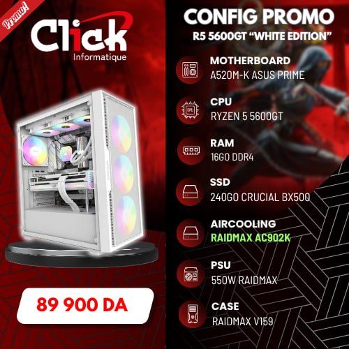 CONFIG / R5 5600GT / 16GB RAM LPX / 240GB SSD BX500/ A520M-K ASUS/ RX550W /RAIDMAX V159 WHITE EDITION