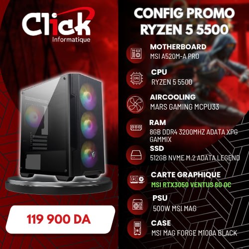 CONFIG /R5 5500/ 08GB RAM/ 512GB SSD/A520M-A PRO MSI /RTX 3050/500W MSI/M100A