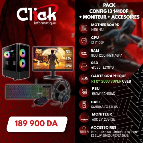 PC/I3 14100F/16GO DDR4/480GO SSD/H610M-E D4 MSI/GP650W/RTX 2060 SUPER USED/TALOS E3+MONI AOC 27G42E+COMB POSEIDON E2