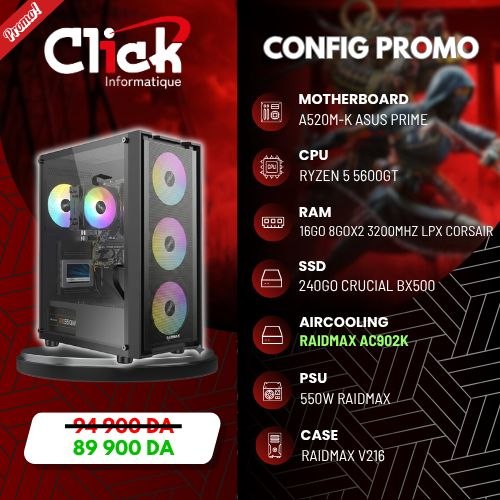 CONFIG / R5 5600GT / 16GB RAM LPX / 240GB SSD BX500/ A520M-K ASUS/ RX550W /RAIDMAX V216