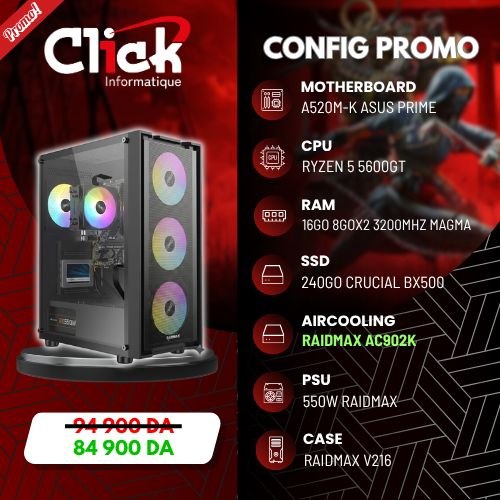 CONFIG / R5 5600GT / 16GB RAM MAGMA/ 240GB SSD BX500/ A520M-K ASUS/ RX550W /RAIDMAX V216