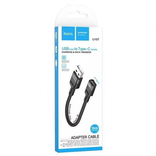 CABLE HOCO 2A U107 USB 3.0 MALE TO TYPE C FEMALE 10CM BLACK