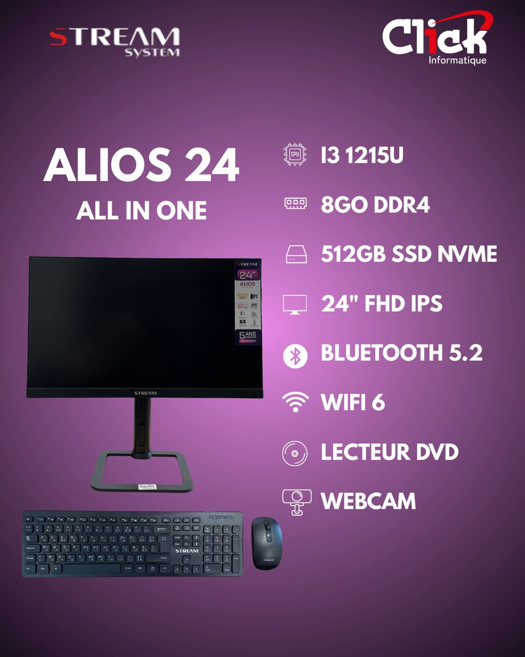 STREAM ALIOS 24PRO I3 1215U /8GO DDR4 /512GO SSD/ 24" FHD IPS/ WIFI 6E/ LECTEUR DVD BLACK