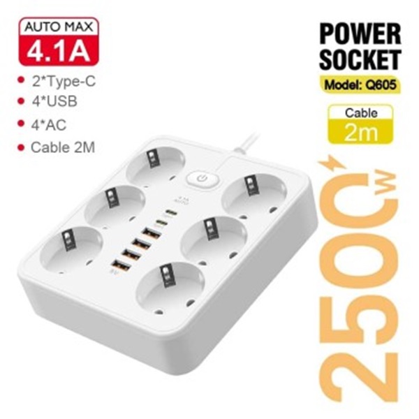 POWER SOCKET Q605 2M 2500W 06 PRISE + 04 USB + 02USB C WHITE