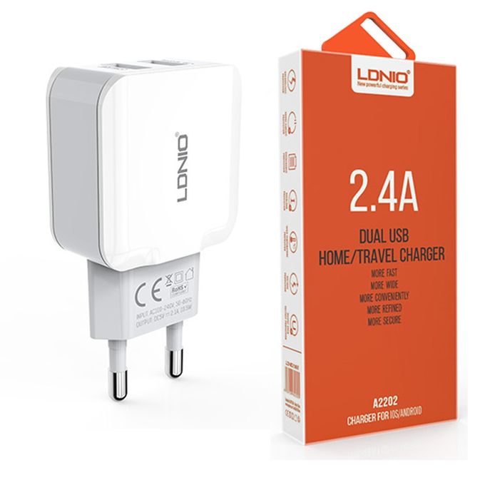 Ldnio Chargeur KM-A303- Fast Charge 2xUSB 5V / 2.4A Auto-ID - Blanc TYPE-C IPHONE