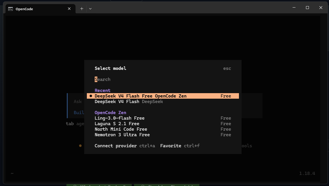The OpenCode model picker listing available models including free options